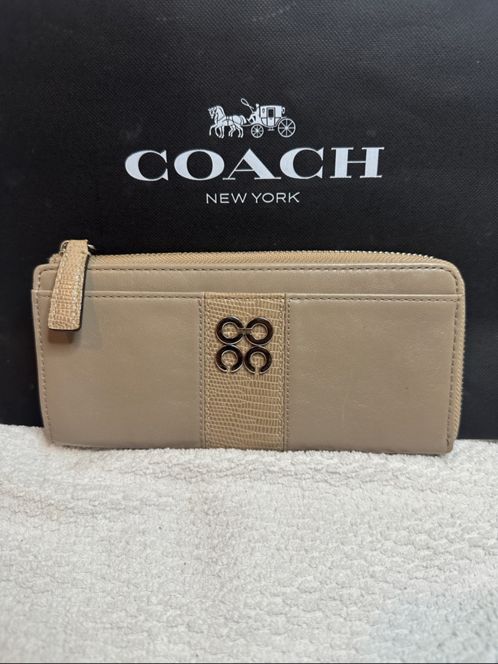 Coach Taupe Leather Zip-Around Wallet with Textured Center